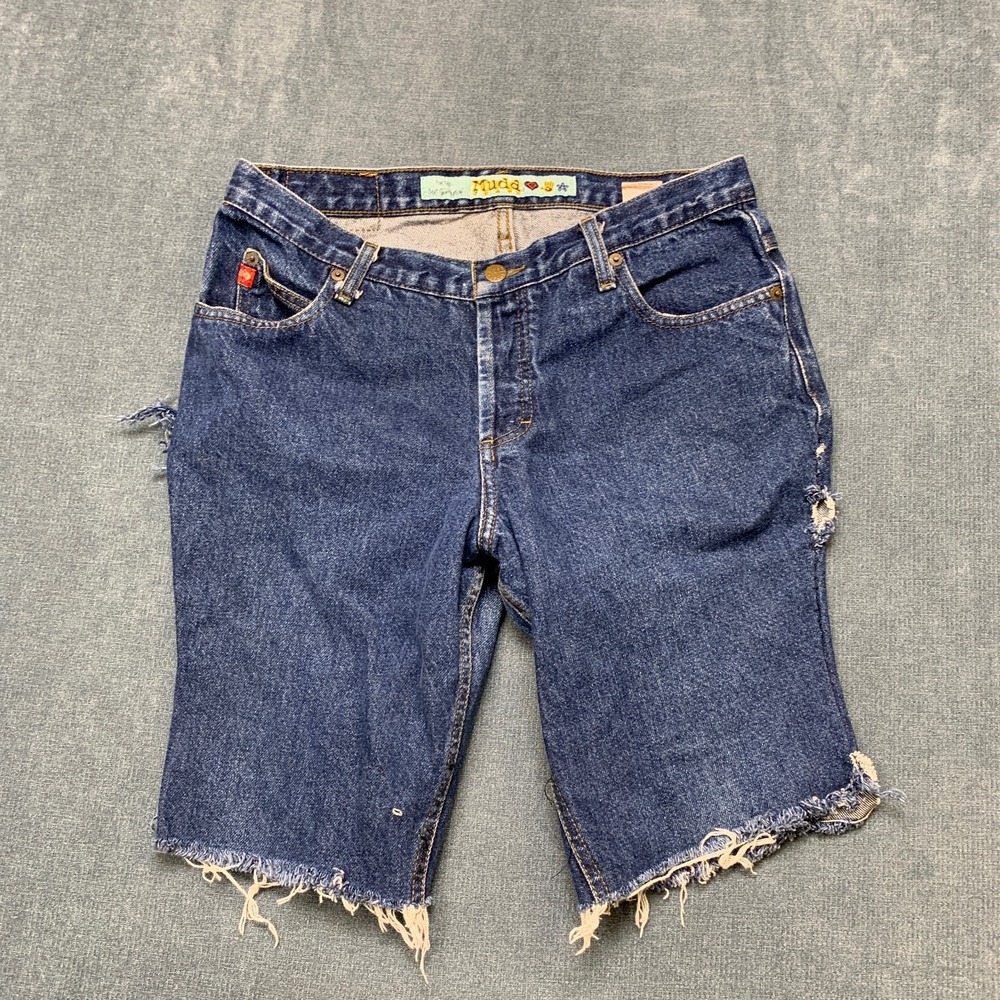 Mudd Jeans For the Beat Generation Bermuda Shorts Women 13 Blue Denim Frayed Hem